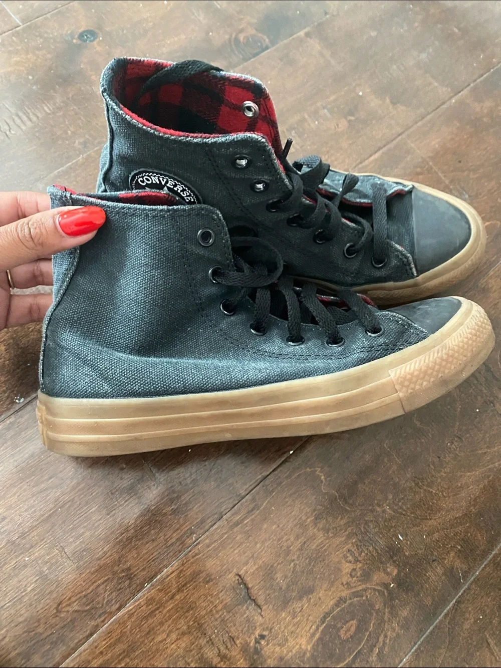 Converse Kids Black High-Top Sneakers with Red Plaid Lining